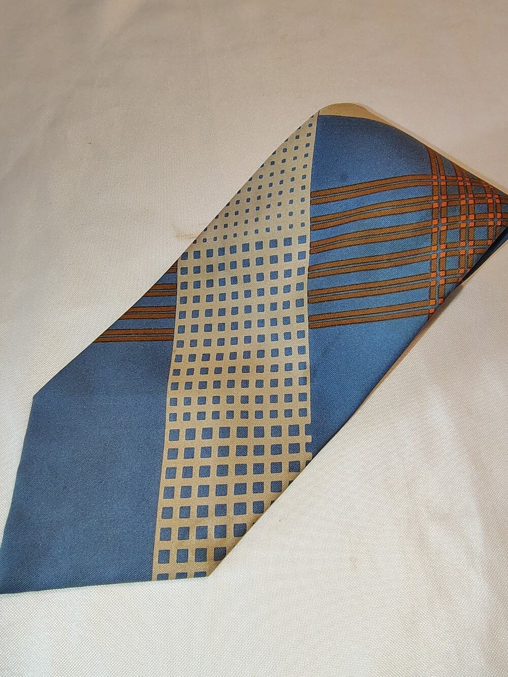 Vintage JC Penney Blue Geometric Squares Stripes 1970s Necktie Polyester